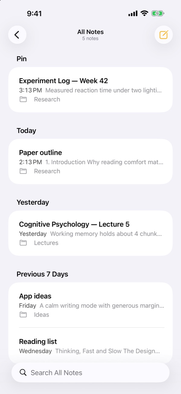 The note list on iPhone, with pinned notes and notes grouped by date.