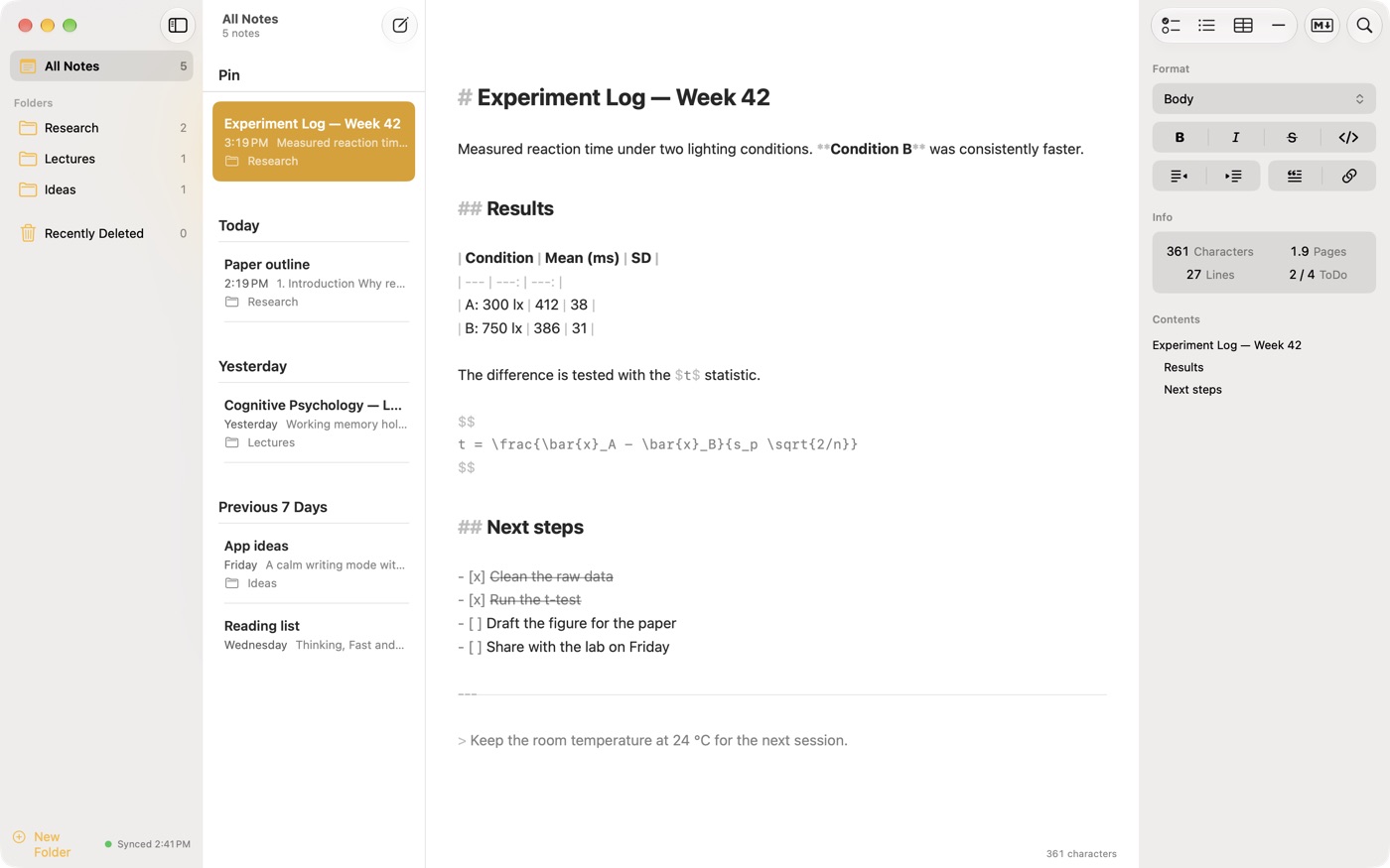 MD Yohaku on Mac: folders on the left, the note list in the middle, a note with Markdown headings, a table, and a checklist, and an info panel showing the character count and table of contents.